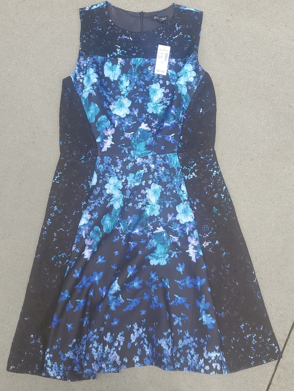 Roz & Ali Navy Floral Fit-and-Flare Dress with Teal Accents Size 12 New Witg Tag